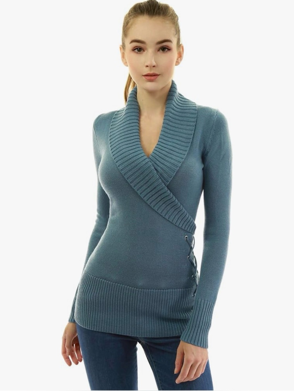 Amelie Boutique AmélieBoutik Womens Long Sweater Dusty Teal Wrap Long Torso